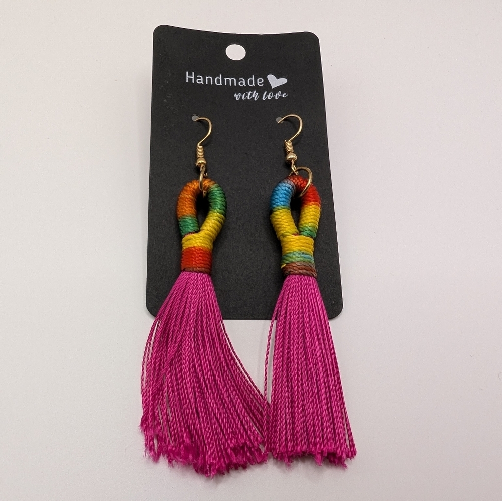 Handmade Pink Tassel Fringe Earrings Multi Color Top Hook 3.75" NEW